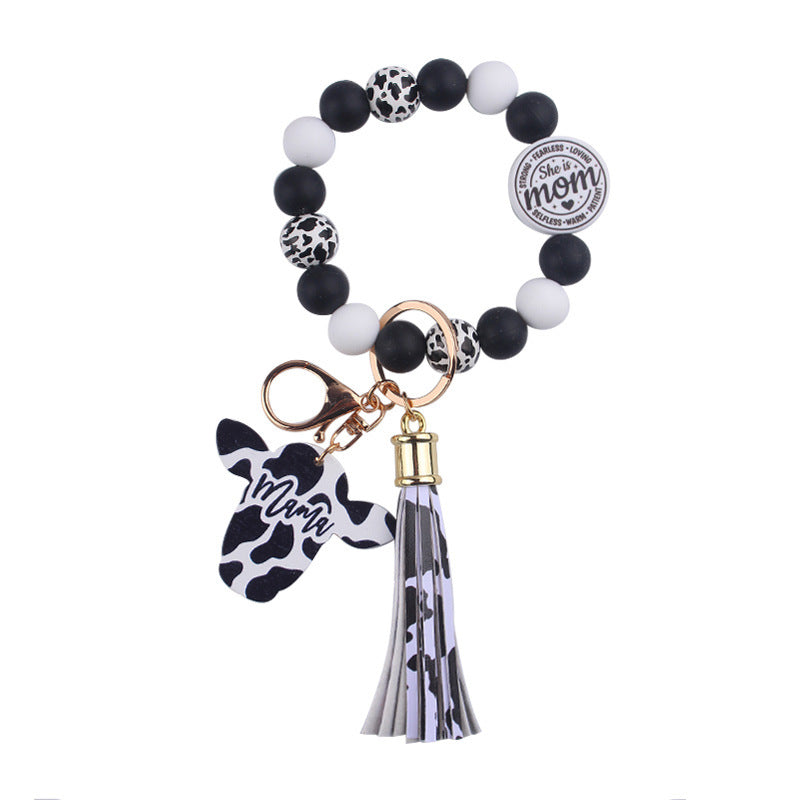 Wholesale Western Style Cow Pattern MOM Tassel Wrist Keychain Mother's Day ACC-KC-GuangTian054