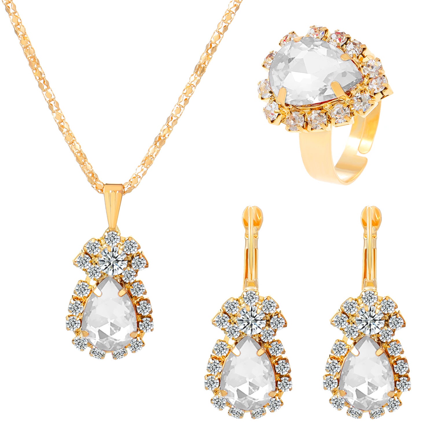 Wholesale Colorful rhinestone necklace earrings and ring set