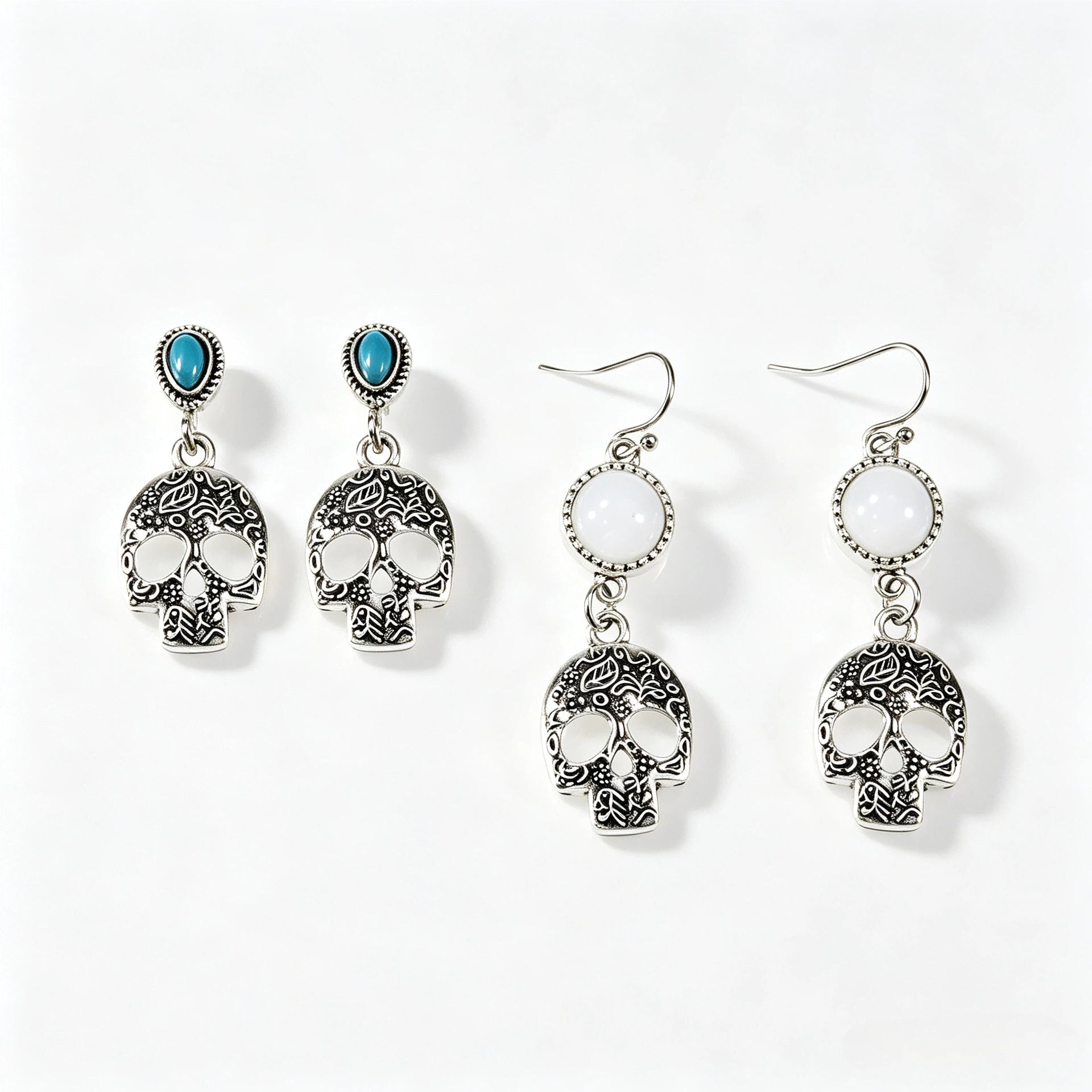 Wholesale Vintage Carved Skull Drop Earrings For Women  Faux Turquoise Pendant Hooks Fashion Jewelry Accessory