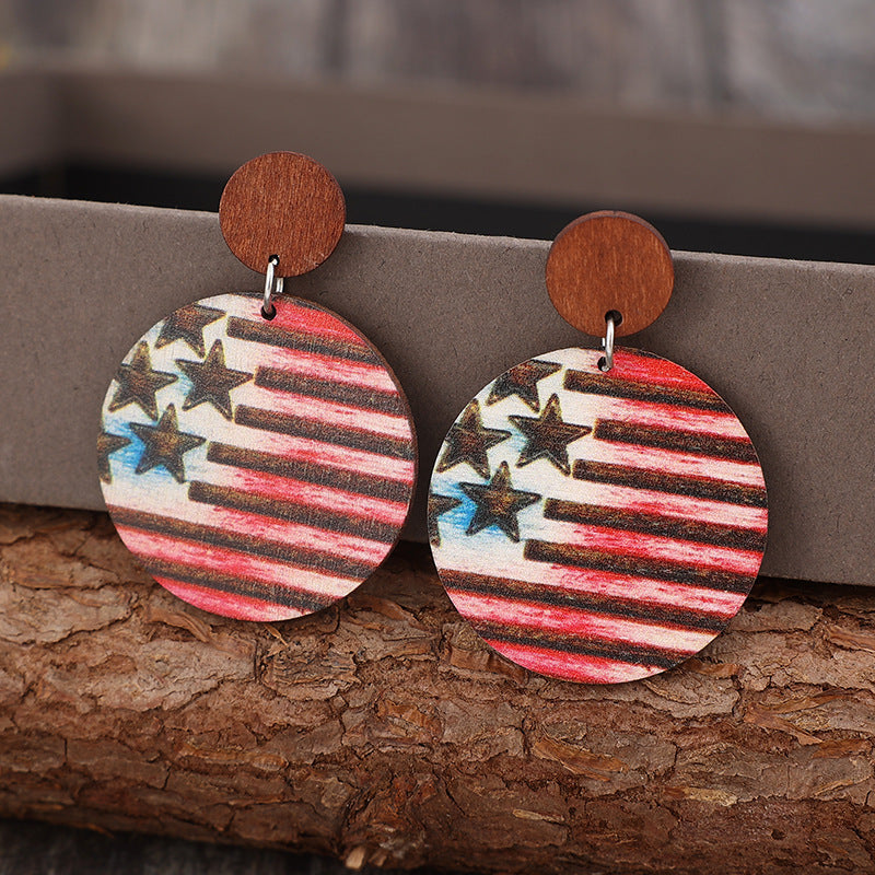 Wholesale retro style American Independence Day carved five-pointed star striped wooden earrings ear studs