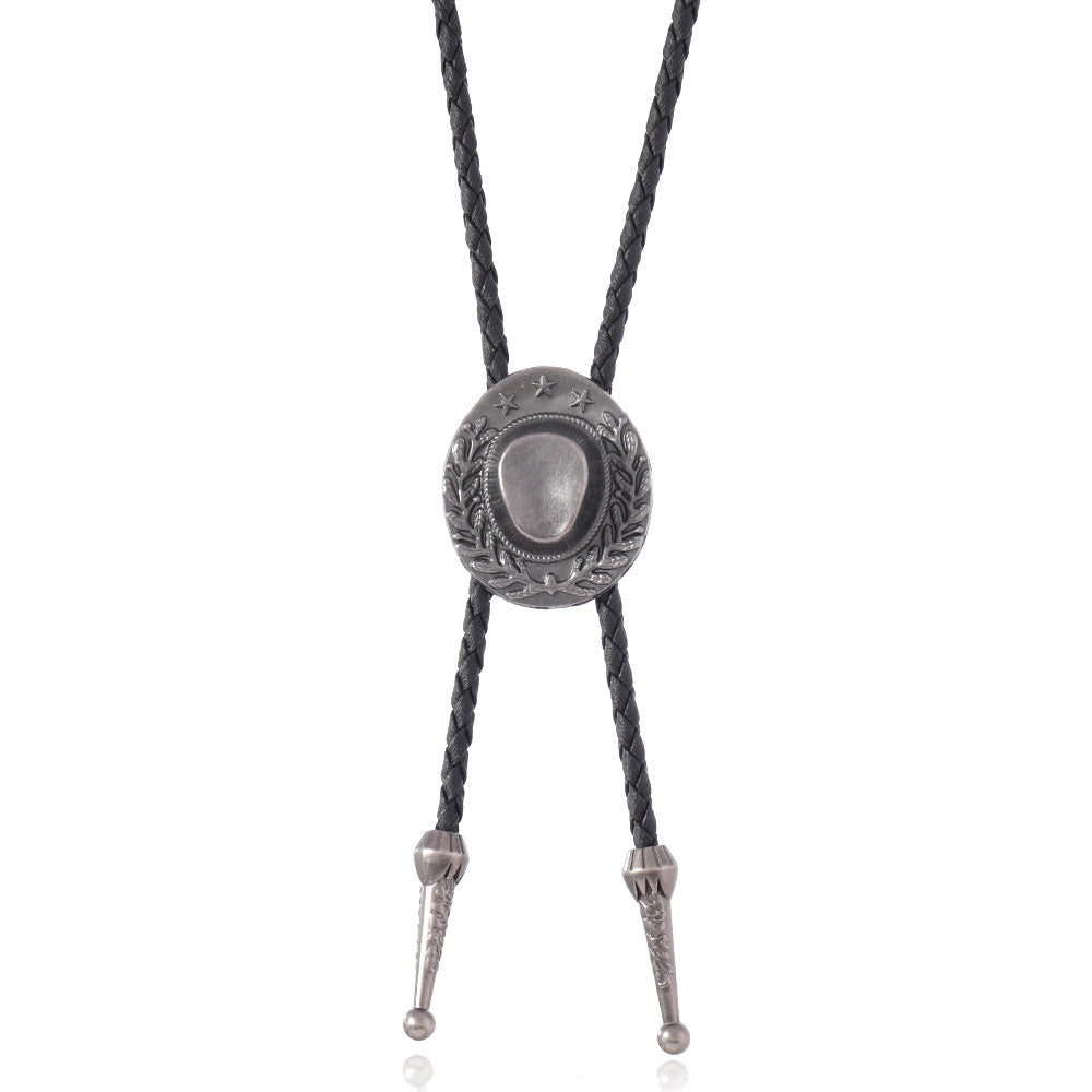 Wholesale Retro Cowboy Bolo Tie Necklace Leather Cord Antique Silver Pendant Men Women Couple Gift Fashion Accessory Resale