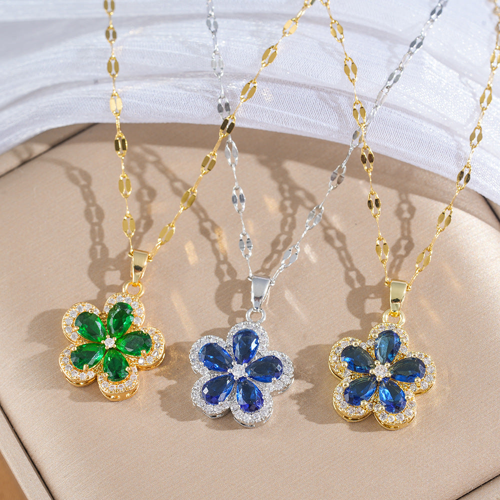 Wholesale Flower Pendant Necklace in Titanium Steel with Zircon,  Stylish Jewelry Accessory for Resale