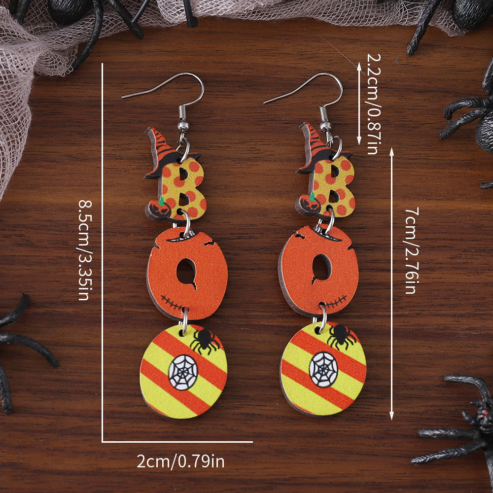 Wholesale Halloween Ghost Face Pumpkin Ghost Triple Stitching Wood Gothic Earrings ACC-ES-ChuLian064