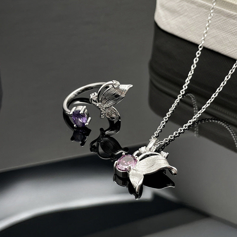 Wholesale Purple Diamond Butterfly Brushed Irregular  Ring Necklace