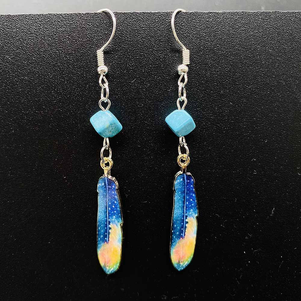 Wholesale Simulated Feather Blue Turquoise Bead and Leaf Stud Earrings