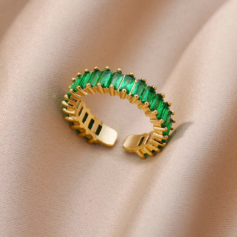 Wholesale Cross-border Light Luxury Retro Style Green Zircon Open Ring 18K Gold Plated Emerald High-grade Finger Ring Jewelry