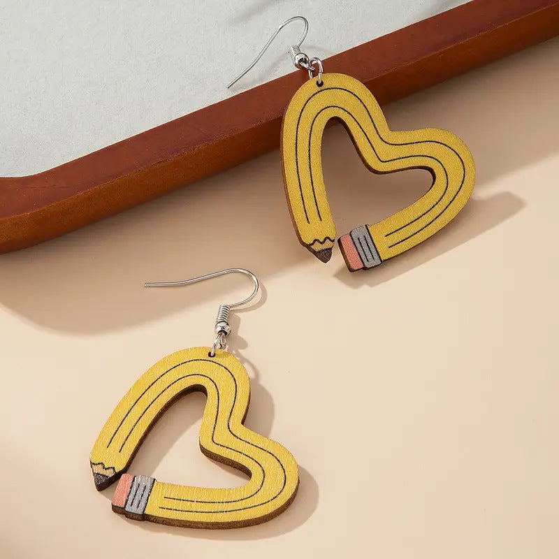 Wholesale School season back to school season love yellow pencil wooden earrings