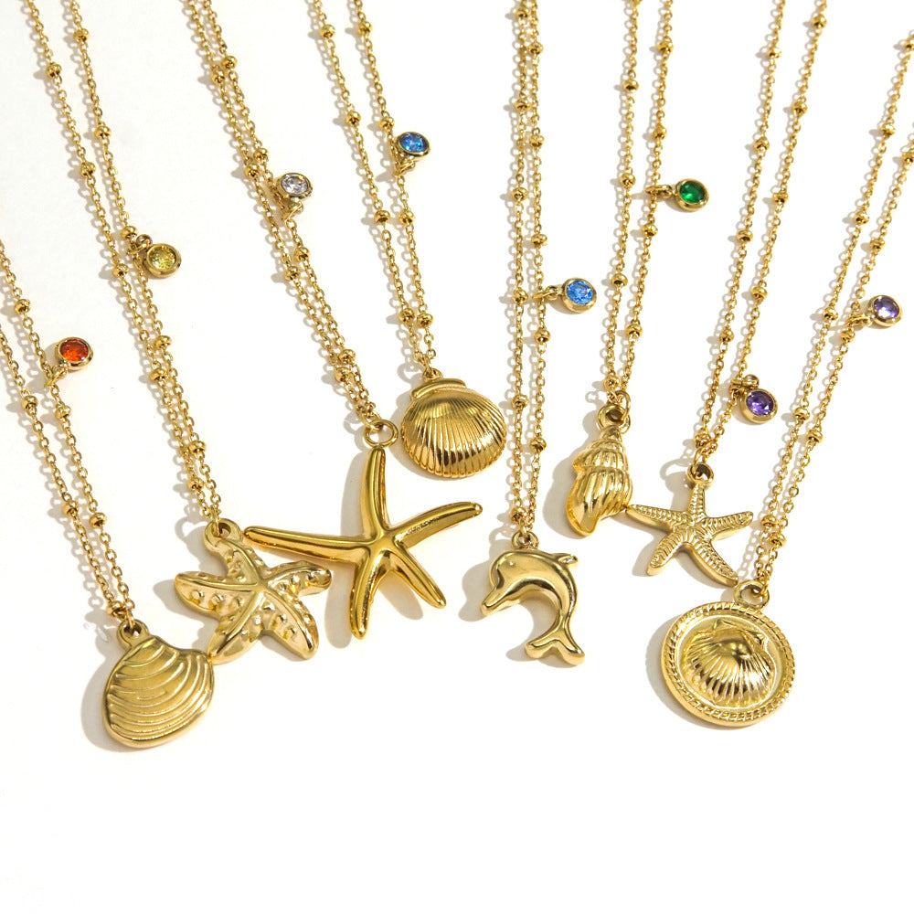 Wholesale Stainless steel Summer Beach Wind Niche Starfish Dolphin Conch Shell Necklaces