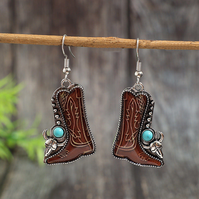 Wholesale Vintage Bohemian Turquoise Cowboy Boot Earrings,  Alloy Oil Drip Jewelry Accessory