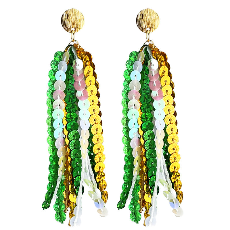 Wholesale 2 pairs/pack St. Patrick's Green Sparkling Tassel Metal Stud Earrings ACC-ES-HY225