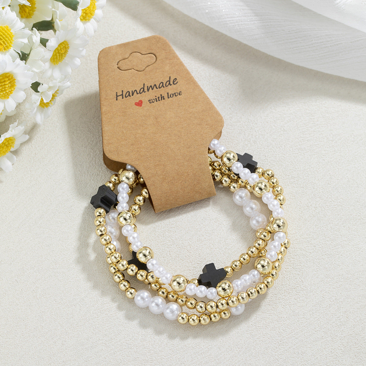 Wholesale  personality resin cross pearl  beaded elastic kraft paper bracelet