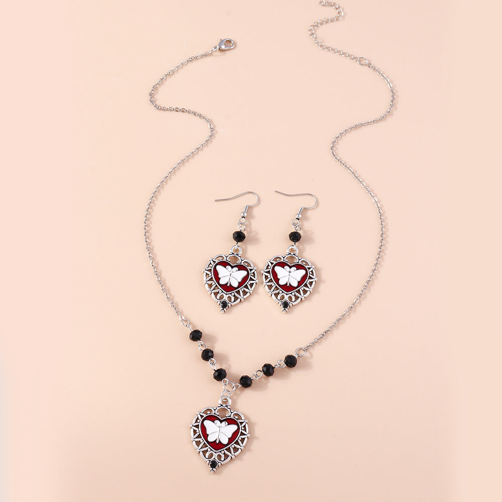 Wholesale Dark Hollow Love Heart Butterfly Pendant Necklace Earrings Set ACC-NE-YueSen020
