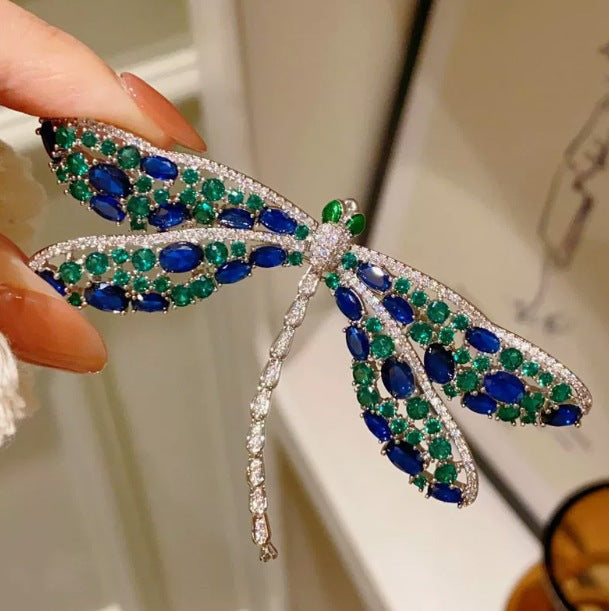 Wholesale Light luxury blue and green hollow dragonfly brooch