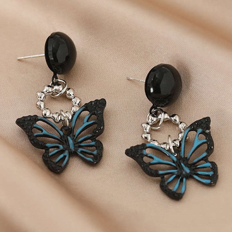 Wholesale Black Hollow Earrings Geometric Love Butterfly Painting Oil Blue Black Hollow Earrings