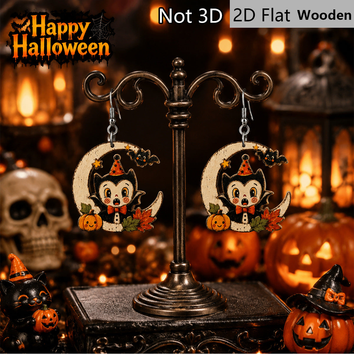 Wholesale  Wooden Earrings Trendy Bat Pumpkin Maple Leaf Painted Drop Earrings Fall Jewelry Gift For Women Boutique Resale Accessory