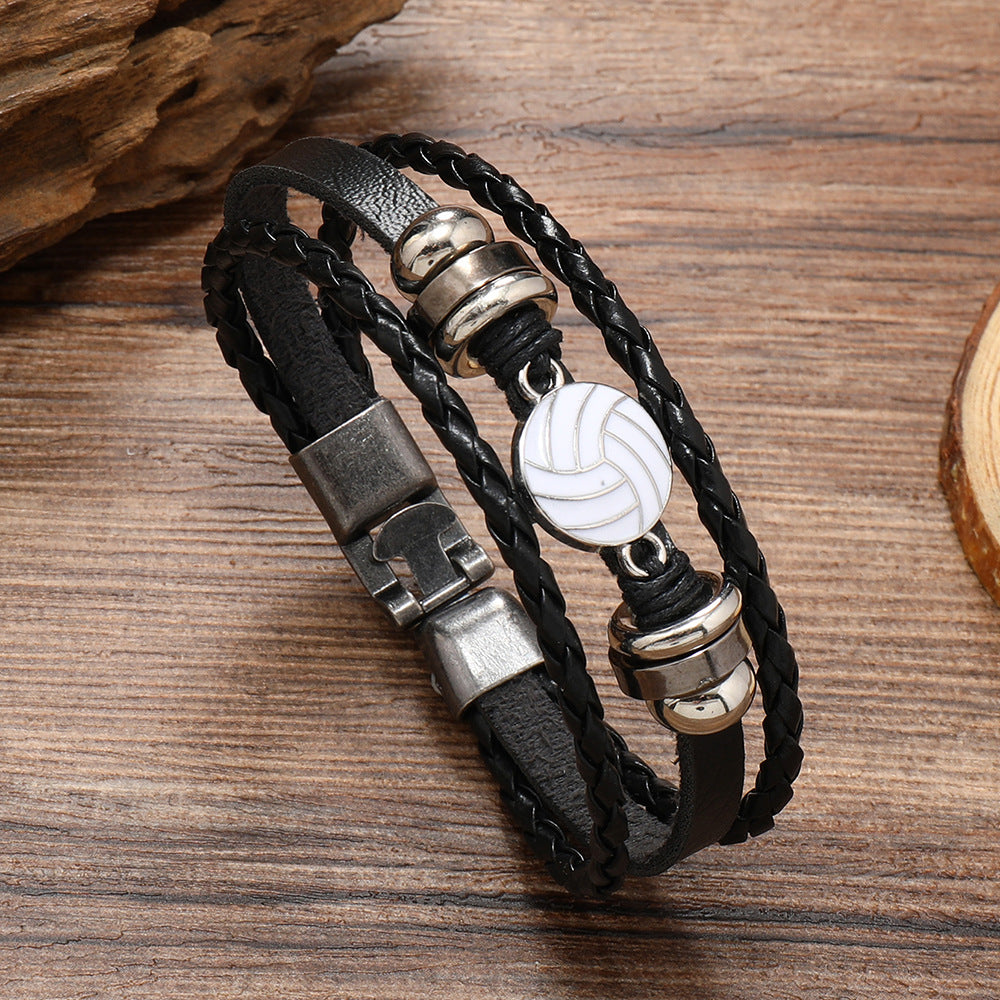Wholesale Retro Soccer Basketball Volleyball Alloy Buckle Men S Multi Layer Braided Leather Beaded Bracelet Fashion Jewelry Accessory
