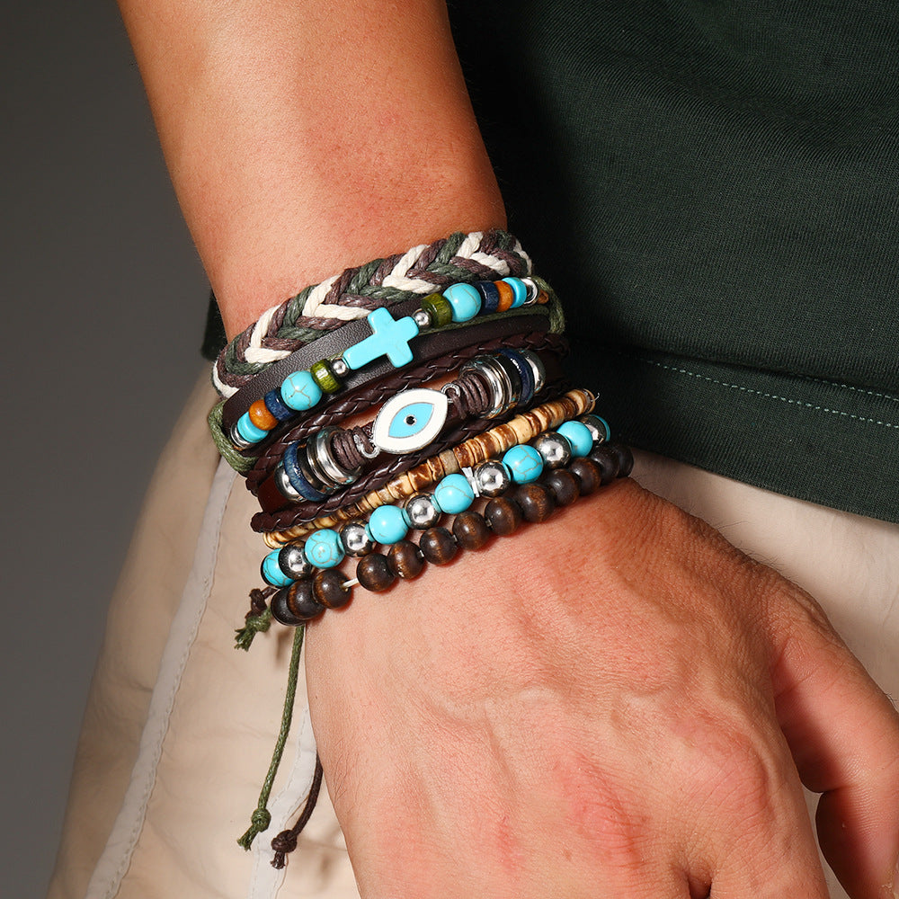 Wholesale Evil Eye Cross Bohemian Beaded Stretch Bracelet Turquoise nut Shell Wood Beads Handmade Unisex Fashion Accessory