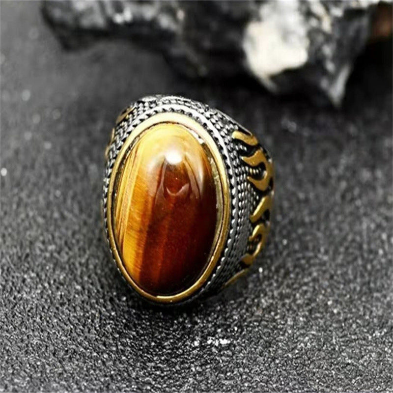 Wholesale Antique Silver Zinc Alloy Tiger Eye Flame Geometric Ring Unisex Fashion Accessory Gift Boutique Resale