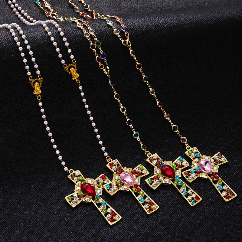 Wholesale  Colorful Diamond-Encrusted Beaded Cross Pendant Necklace