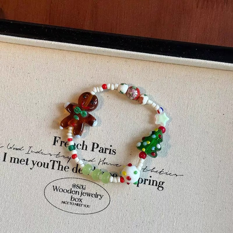 Wholesale Dopamine Christmas color beaded gingerbread man bracelet necklace ring