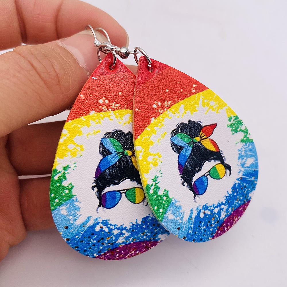 Wholesale wooden stud earrings suit heart-shaped rainbow printed leather earrings