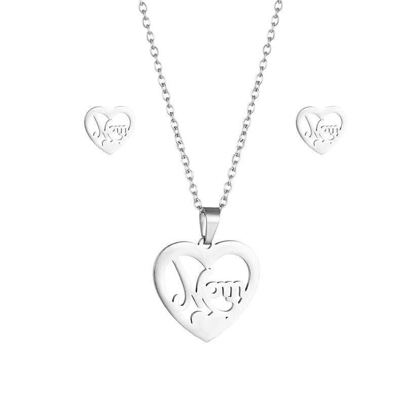 Wholesale Titanium Steel Heart Shape MOM Pendant Stainless Steel Earrings Necklace Set Mother's Day ACC-ES-MinM023