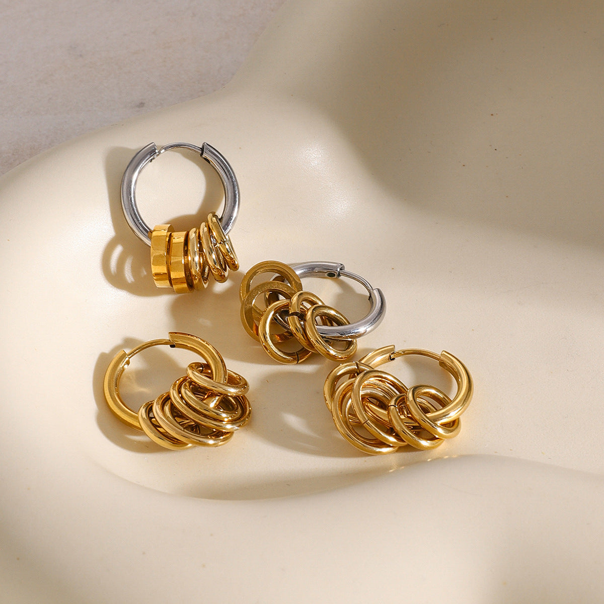 Wholesale  Stainless steel 18K gold color matching smooth steel ring earrings