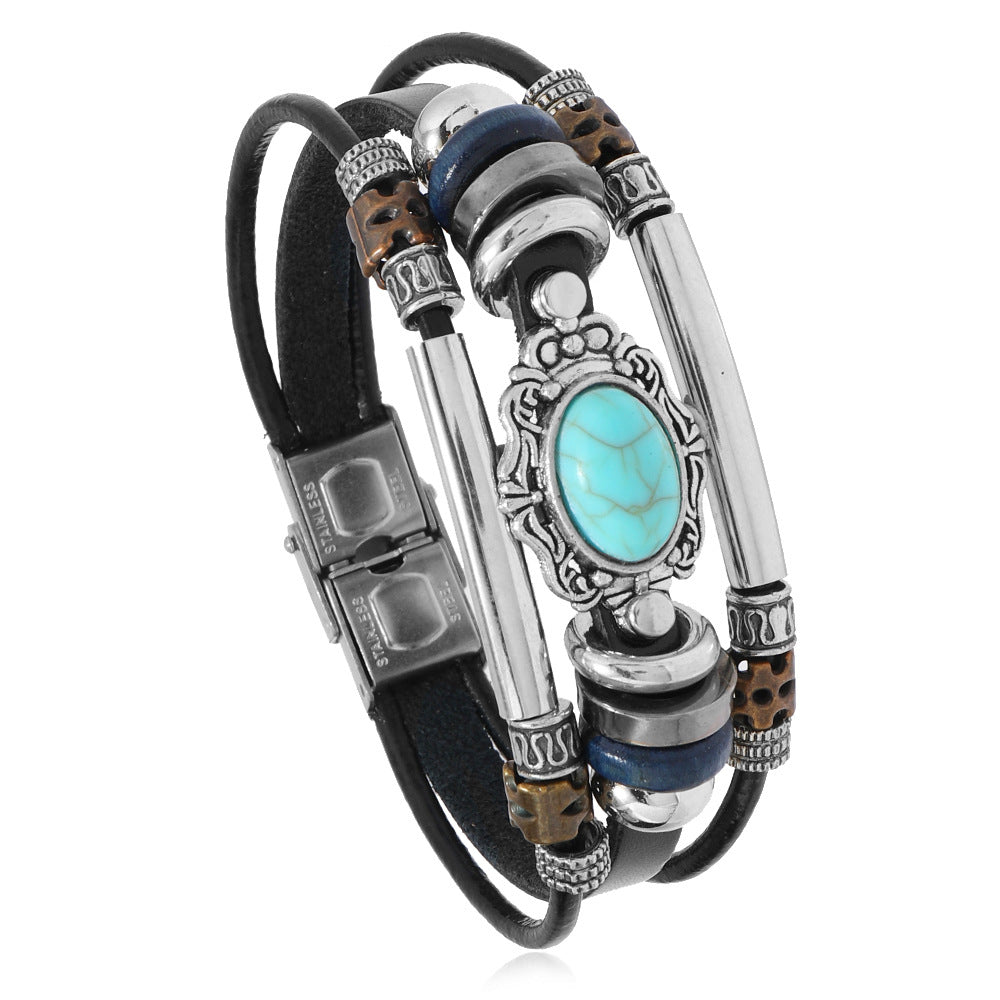 Wholesale 3PCS Stainless steel and leather bracelet with turquoise