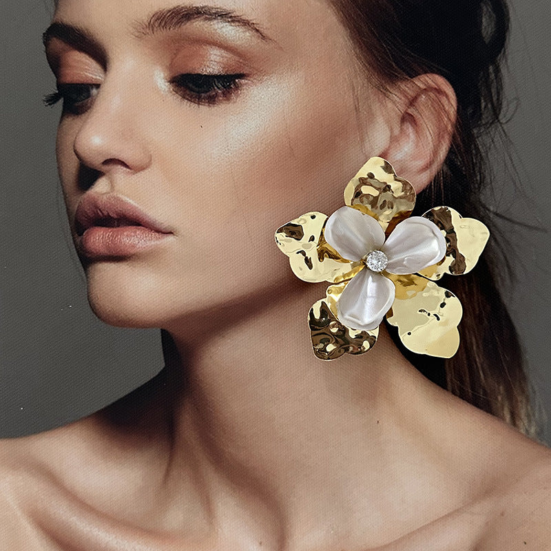 Wholesale  Retro  Metal Bright Pleated Double-layer Three-dimensional Petal Flower Earrings