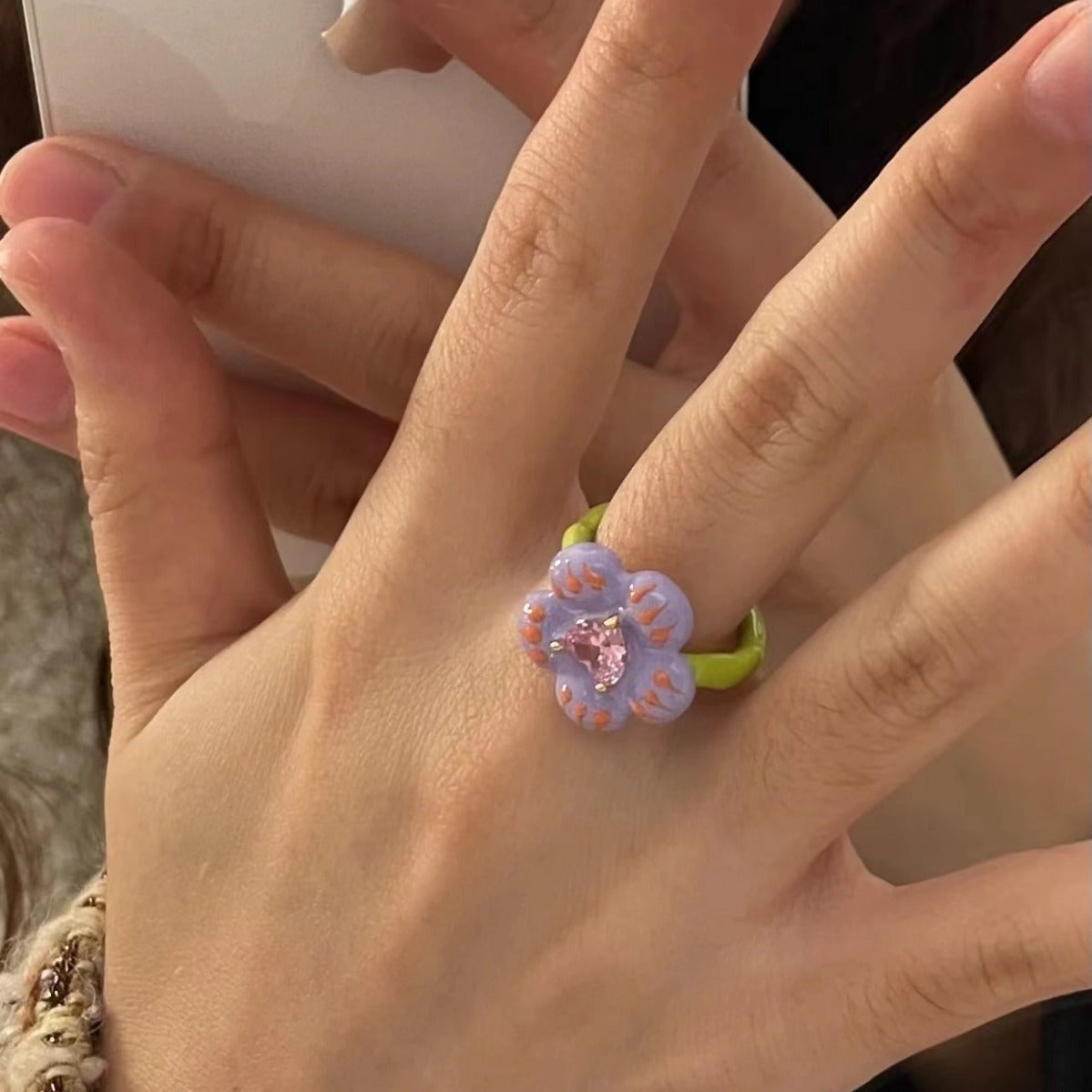 Wholesale  pink love zircon flower drop glaze ring