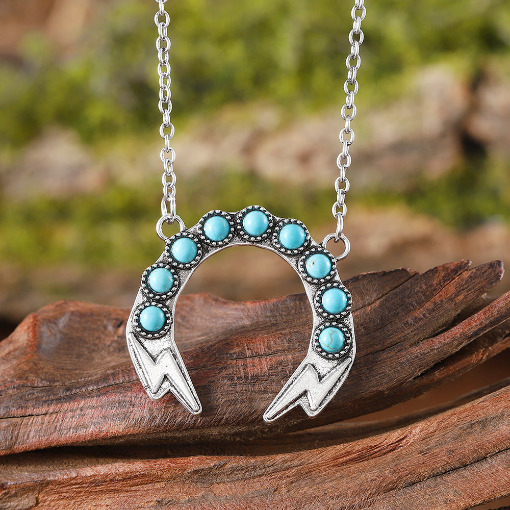 Wholesale Bohemian Style Turquoise Lightning Inlay Necklace Retro Zinc Alloy Electroplated Jewelry Accessory Boutique Resale