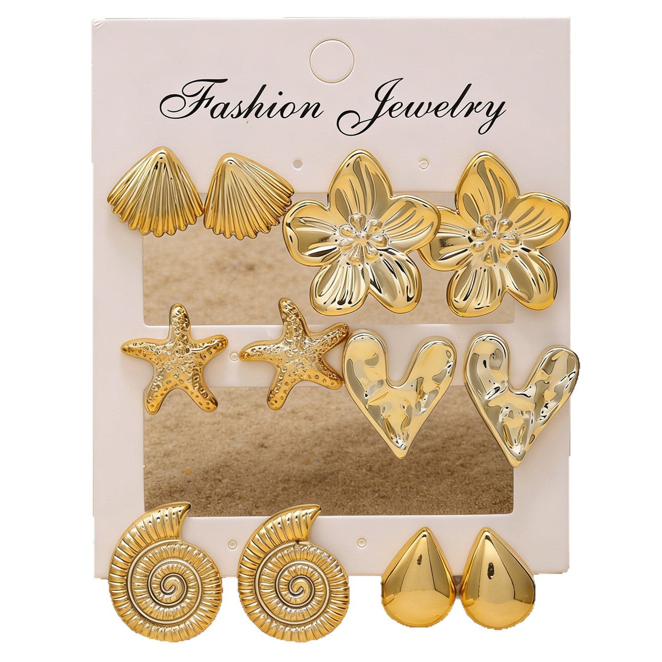 Wholesale 6 Pairs Gold Resin Stud Earrings Set For Women Flower Starfish Pattern Asymmetric European American Style Chic Fashion Accessory Gift