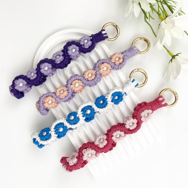 Wholesale Flower Rose Key Ring Handmade Woven Wrist Strap Keychains Lanyard Keychain ACC-KC-Huaien004