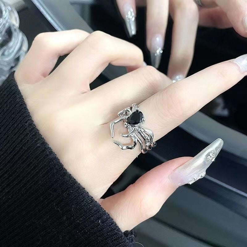 Wholesale European and American Dark Retro Black Gemstone  Nail Ring with Niche Design,  Minimalist Style,  Open-Ended Personality Ring