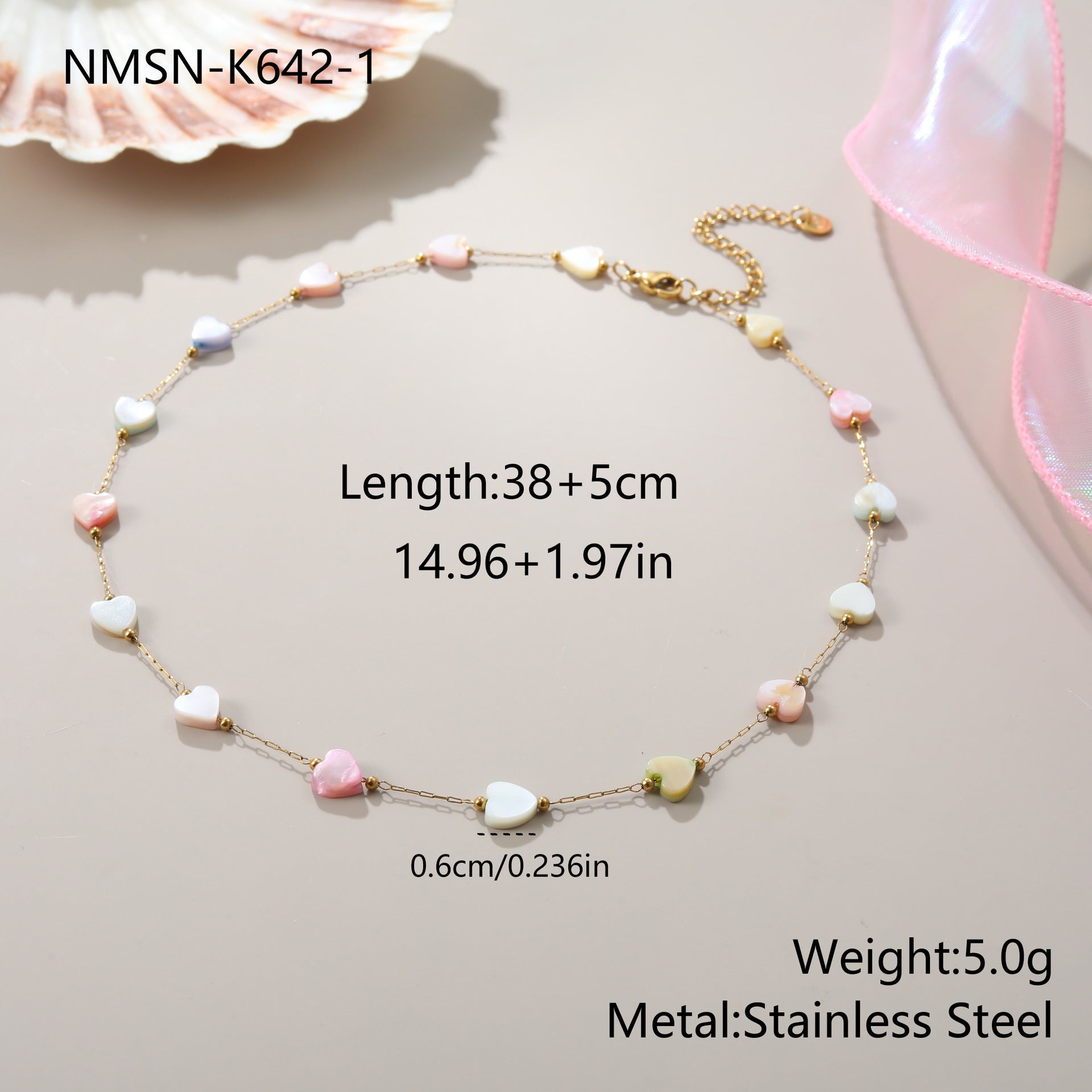 Wholesale Dopamine Style Sweet Colorful Heart-Shaped Mother-of-Pearl Stainless Steel Necklace