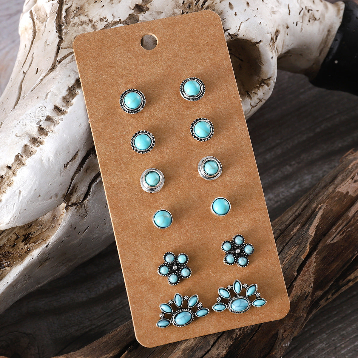 Wholesale Cute turquoise earrings set round bead flower cat claw earrings