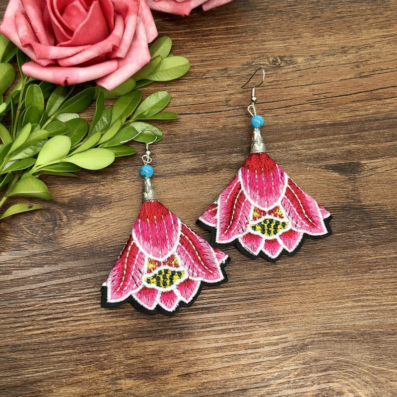 Wholesale Hand Embroidery Vintage Ethnic Style Fabric Earrings Flower Tassels ACC-ES-Luox008