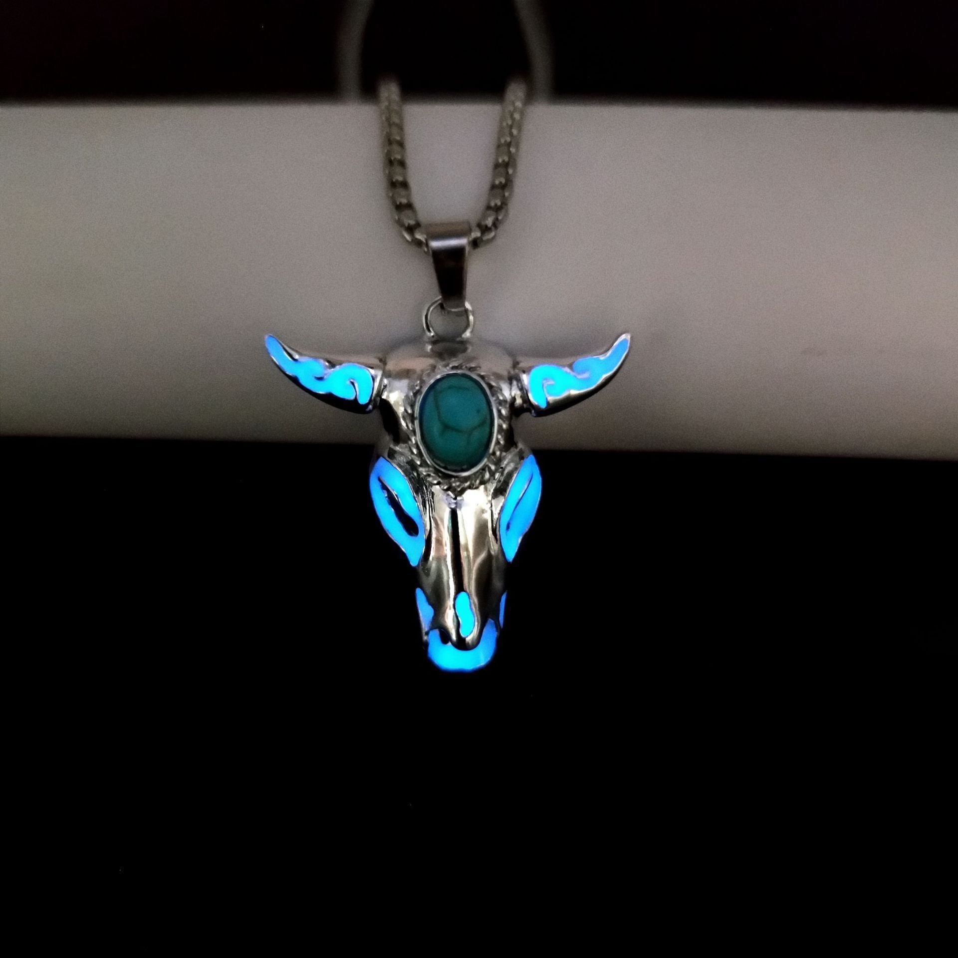 Wholesale Retro Punk Turquoise Titanium Steel Skull Bull Head Stainless Steel Pendant Necklaces ACC-NE-BYJY001