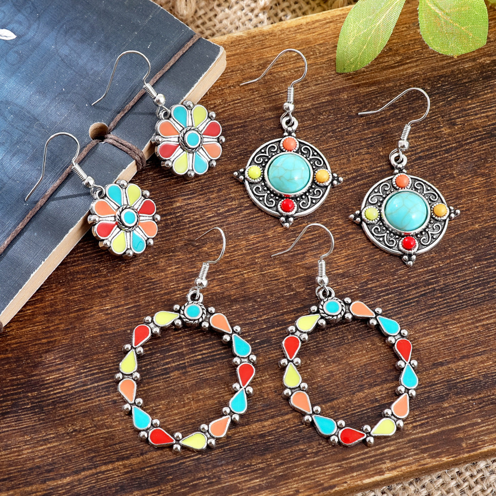 Wholesale Alloy Bohemian Hook Earrings Retro Ethnic Turquoise Oil-Drip Style for Women Gift Boutique Resale