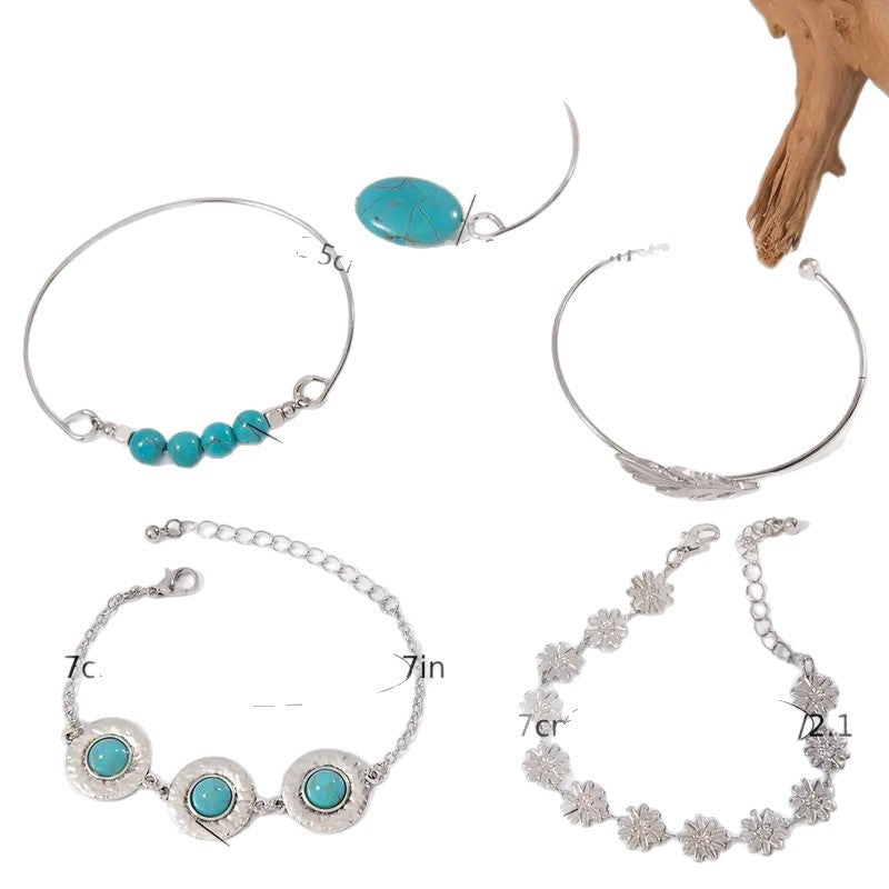 Wholesale Vintage Bohemian Turquoise Inlaid Flower and Feather Bracelet Set