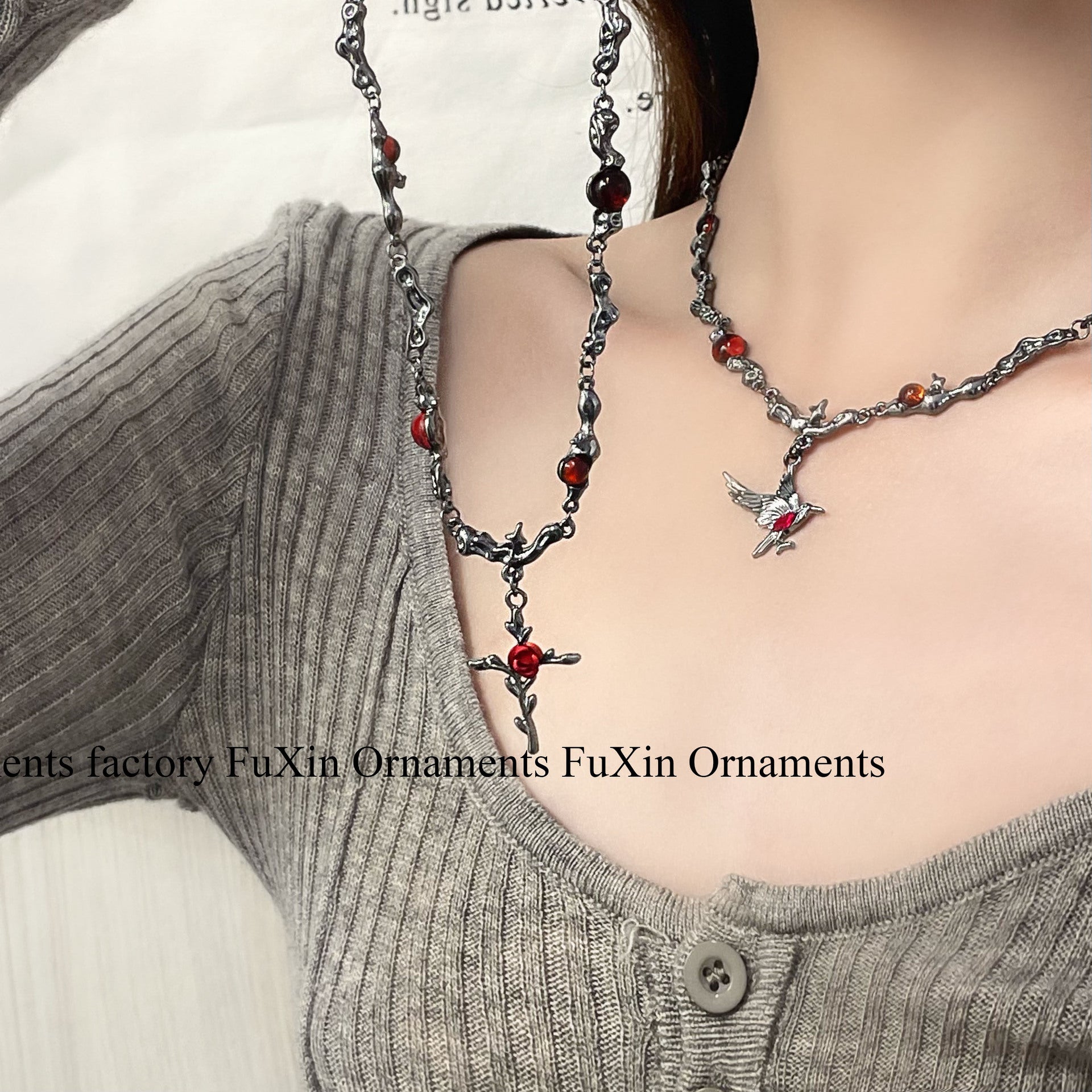 Wholesale  Chain Cross Red Flower Necklace