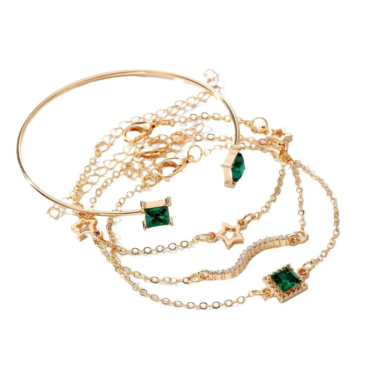 Wholesale Alloy Multi-Layer Stackable Bracelet Set,  Vintage Emerald Zircon Design with Gold Edging,  Fashion Accessory for Everyday Wear