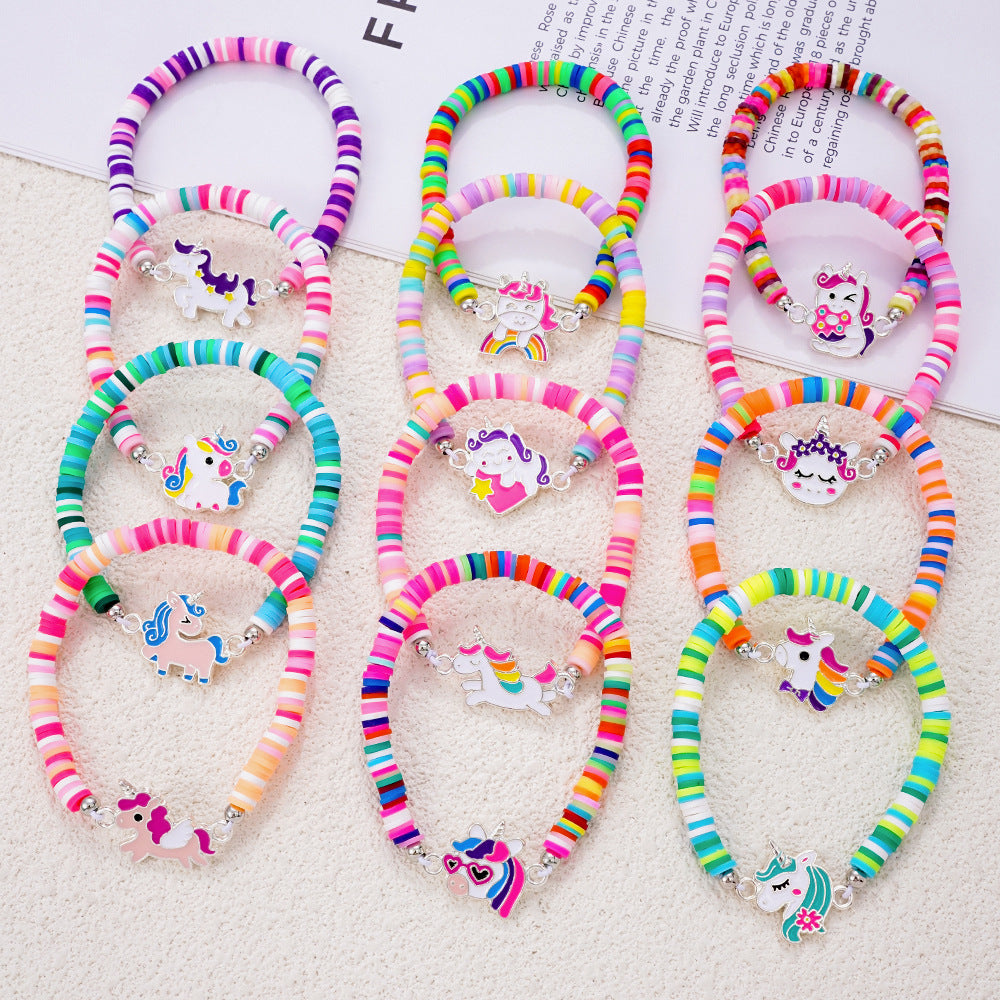 Wholesale Colorful polymer clay beaded cartoon animal pattern bracelet hand-woven adjustable size children' s jewelry