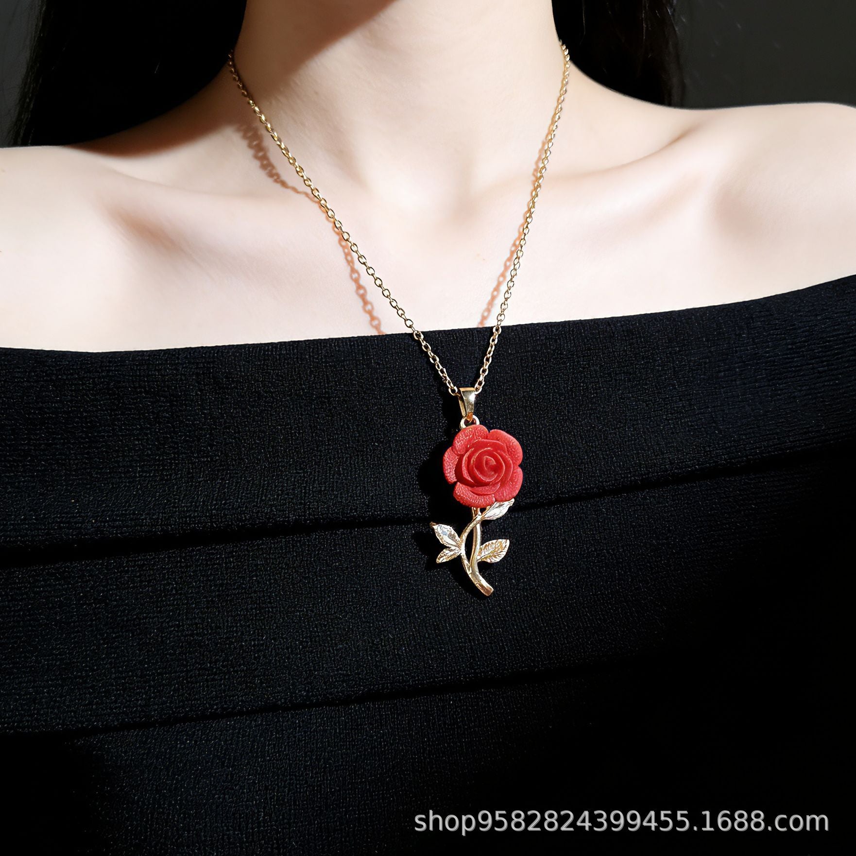 Wholesale Romantic Red Micro-set Choker Necklace,  Titanium Steel Gold Plated,  Fashion Jewelry Accessory for Resale