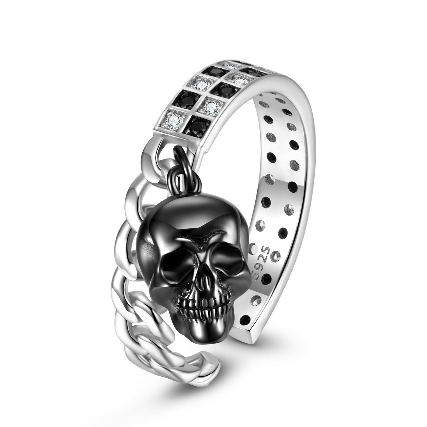 Wholesale Black and White Mosaic Skull S925 Sterling Silver Rings ACC-RS-MC008