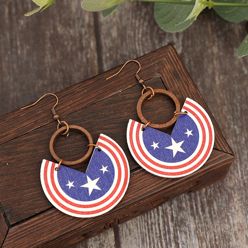 Wholesale American Independence Day semicircular striped five-pointed star wooden retro earrings