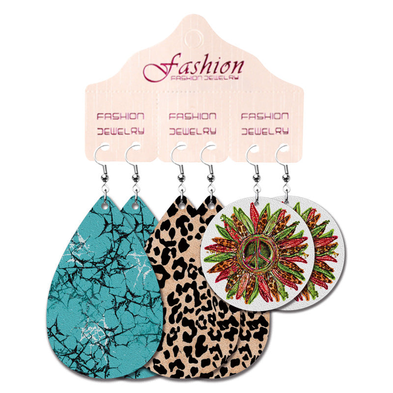 Wholesale 2 Sets Christmas Earrings Set Cow Pattern Plaid Elk Western Cowboy Water Drop PU Leather Earrings Set ACC-ES-HY129