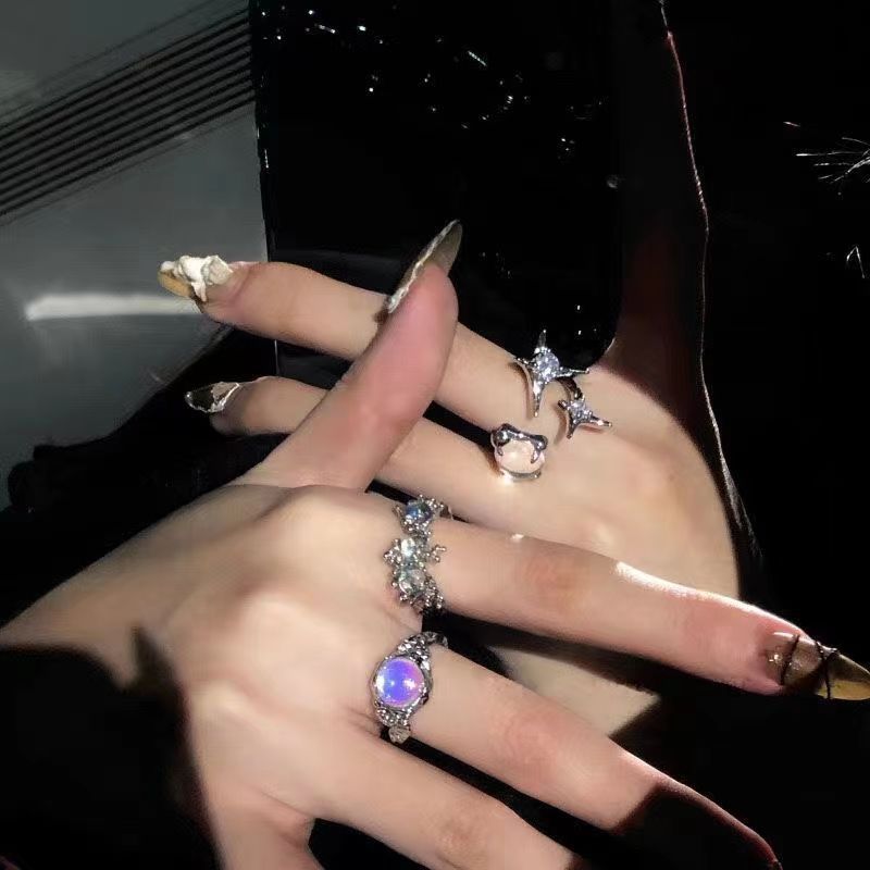 Wholesale Alloy Plated Irregular Open Ring With Zircon And Cat S Eye Moonstone Geometric Design Chic Jewelry Accessory For Women