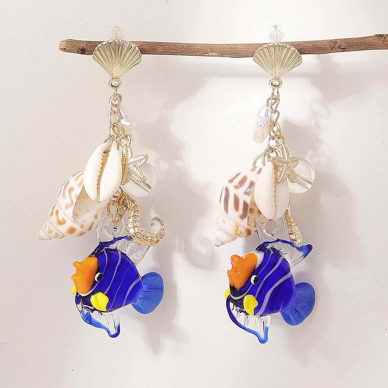 Wholesale Bohemian shell conch seahorse cute sea fish pendant earrings