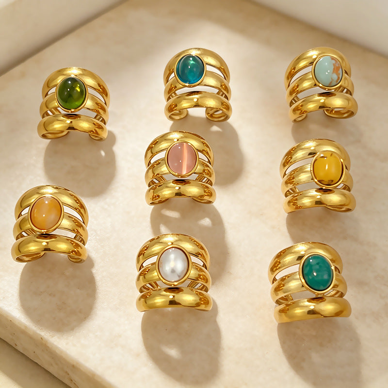 Wholesale Stainless Steel Open Ring Blue Green Gradient Natural Stone Jewelry Accessory